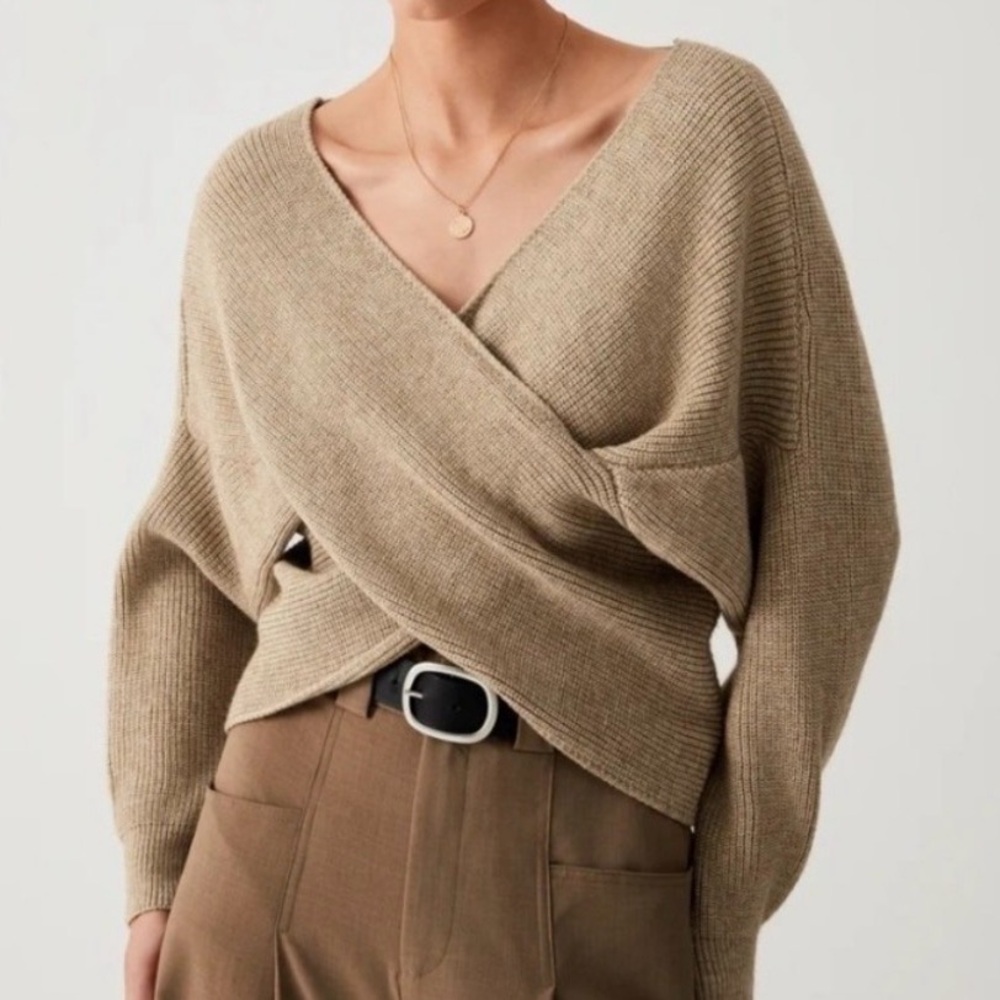 Commense Taupe V-Neck Wrap Ribbed Knit Sweater